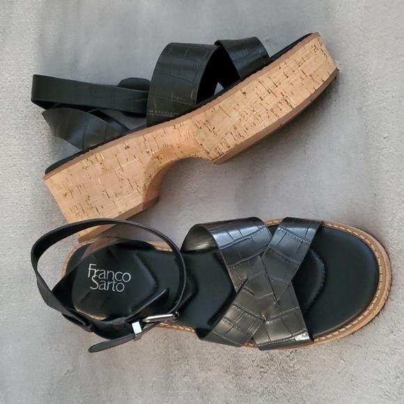 🆕️ FRANCO SARTO Sabello Cork Platform Block Heel Black Sandals SIZE: 8.5M - Picture 1 of 11
